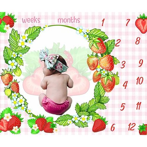 Strawberry Wreath Theme Baby Monthly Milestone Blanket New Baby Gift Girl for Baby Shower Photo Background Newborn Swaddle Blanket Personalized Growth Chart Flag Blanket 48x40 inch BTYYKI048