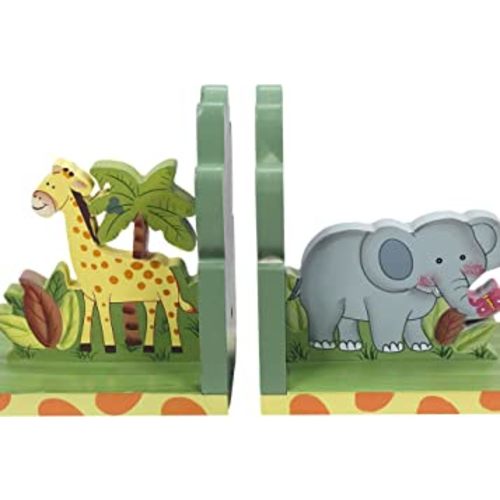 Fantasy Fields - Sunny Safari Animals Thematic Set of 2 Sturdy Wooden Bookends for Kids - Non-Toxic, Water-Based Paint, Giraffe and Elephant, Blue