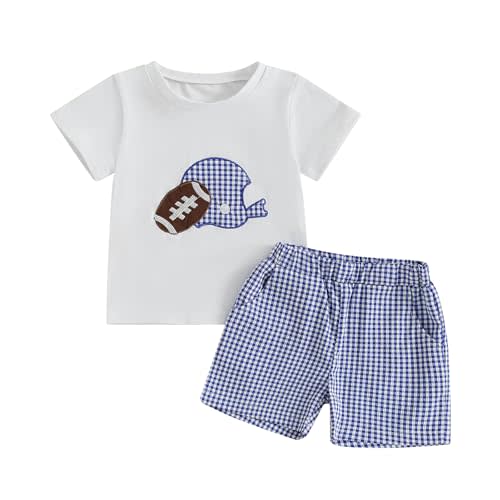 Adobabirl Toddler Baby Boy Football Outfit Rugby Embroidery Short Sleeve Tshirt with Plaid Shorts Boutique Summer Clothes