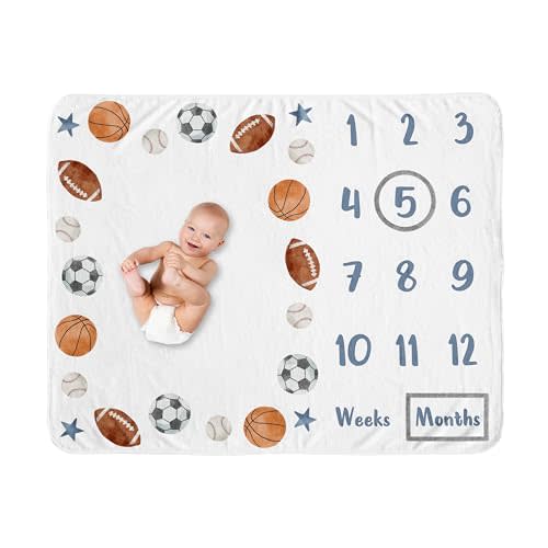 Sweet Jojo Designs Sports Theme Boy Baby Milestone Blanket Newborn Monthly First Year Photo Growth Chart Infant Memory Gift Set Watercolor Vintage Soccer Balls Football Baseball Basketball Blue Stars