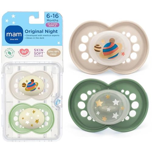 MAM Original Baby Pacifiers 6-16 Months, Binky for Newborn Babies, BPA-Free Skin Soft Silicone Nipple, Glows in The Dark, Developed with Medical Experts, 2 Pack, Sterilizer Case, Made in Europe