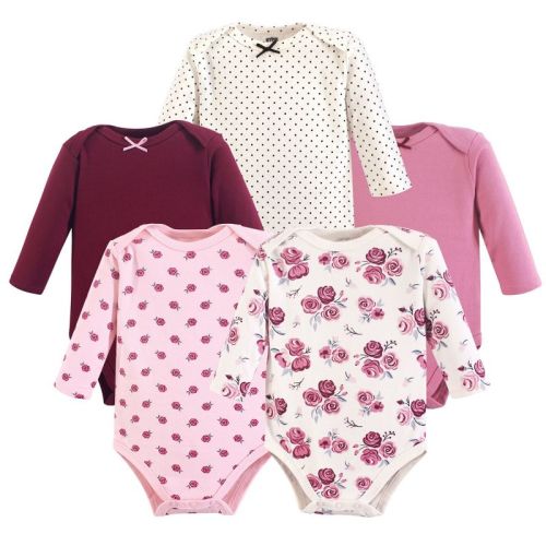 Hudson Baby Infant Girl Cotton Long-sleeve Bodysuits 5pk, Rose, 9-12 Months