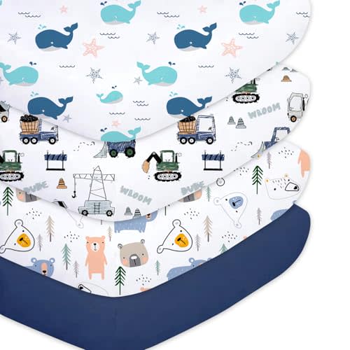 Plushii 4 Pack Fitted Crib Sheets for Baby Boys, 28"x 52" Extra Soft Microfiber Crib Sheet Set for Standard Crib & Toddler Mattress Pad, Whale & Trucks & Little Bear & Navy Blue