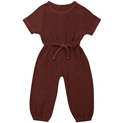 Mubineo Toddler Baby Girl Summer Fall Basic Plain Short Sleeve Cotton Linen Drawstring Romper Jumpsuit