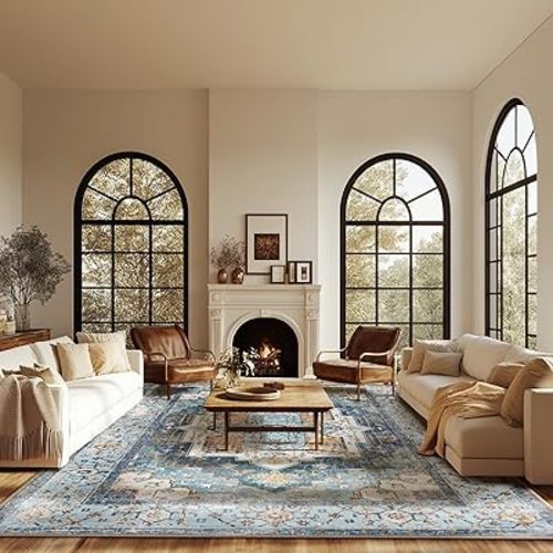 Washable 8x10 Area Rugs, Rugs for Living Room, Low-Pile Water&Stain Resistant Carpet Vintage Distressed Printed Non-Slip Carpet for Bedroom Bathroom Kitchen-Sky Blue