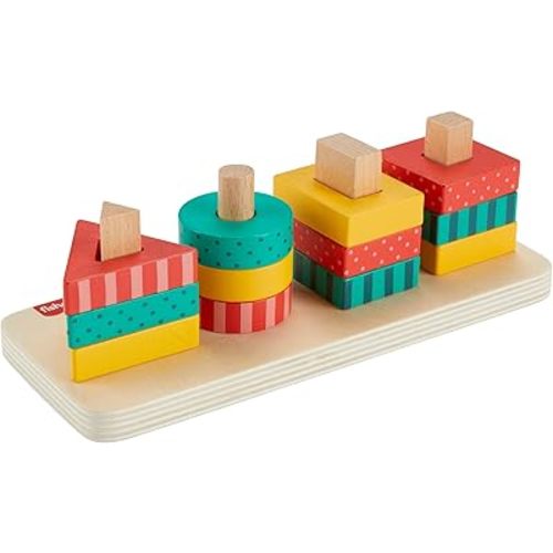 Fisher-Price Toddler Sorting Toy Wooden Shape Stacker, 13 Wood Pieces for Fine Motor Play Preschool Kids Ages 2+ Years