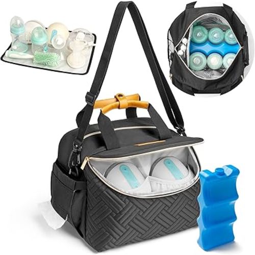 Wearable Breast Pump Bag with Cooler Portable Breast Milk Storage Travel Bags Fit for Momcozy Medela Elvie Spectra Breastmilk Pumping Carrying Case with Adjustable Shoulder Strap Dividers Changing Mat