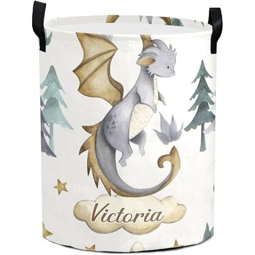Cute Flying Baby Dragon Personalized Laundry Basket Custom Name Collapsible Waterproof Laundry Hamper Clothes with Handle for Bedroom Bathroom Nursery Decor