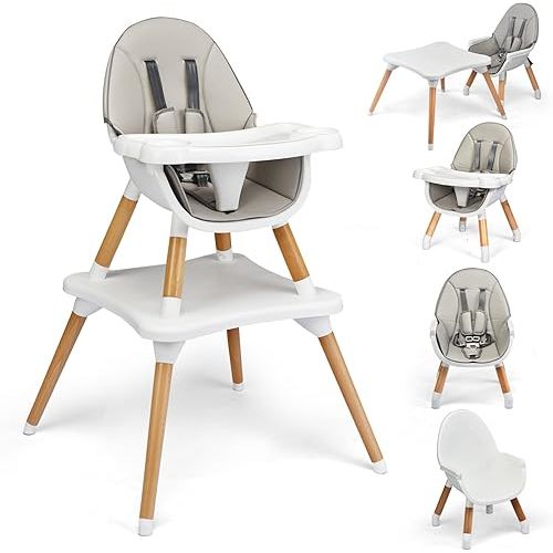 Honey Joy Baby High Chair, 5-in-1 Convertible Wooden Highchair for Babies & Toddlers/Table & Chair Set with Safety Harness, 4-Position Removable Feeding Tray (Gray)
