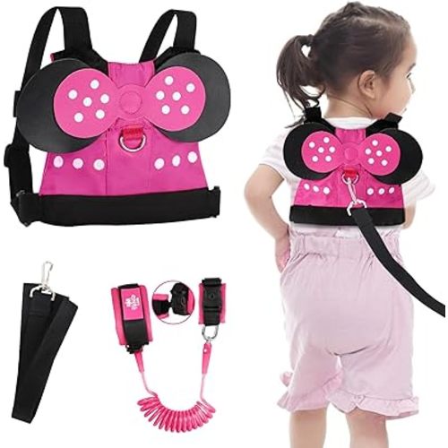 Lehoo Castle Toddlers Leash for Walking + Key Lock Design Anti Lost Wrist Link, 3 in 1 Baby Leash Kids Wrist Link for Toddlers, Safety Harness Belt Strap Wristband (Pink Minnie Toddler Leash)