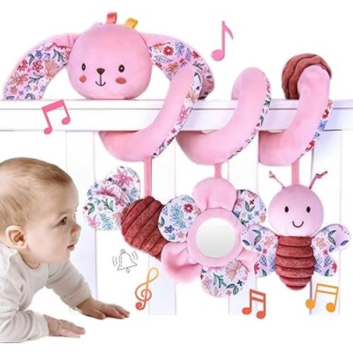 Spiral Car Seat Toy for Babies 0-6-12 Months Girl Boy, Stroller Hanging Baby Toys 0-3-4-5-7-8-9 Month Old Newborn Infant Carseat Sensory Mirror Crinkle Bunny Stocking Stuffers