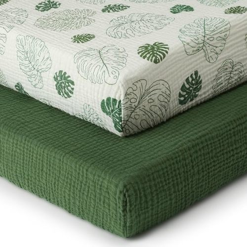 Muslin Crib Sheets, Cotton Neutral Crib Sheet for Baby Girls and Boys, Fitted for Standard Crib Mattress & Toddler Bed Mattress (52"x28"), Soft and Breathable, 2 Pack(Monstera&Dark Green) - Monstera & Dark Green - Crib Sheets 2 Pack