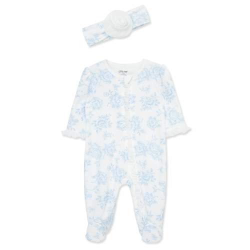 Blue Roses 2-Way-Zip Footed One-Piece And Headband