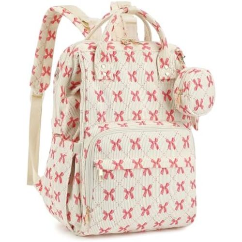 fufazfo Corduroy Diaper Bag Backpack, Large Capacity Multifunction Baby Diaper Bags for Women, Insulated Bottle Pockets & Pacifier Case, Stylish Travel Nappy Changing Bags for Mom Dad (Bow Pink)