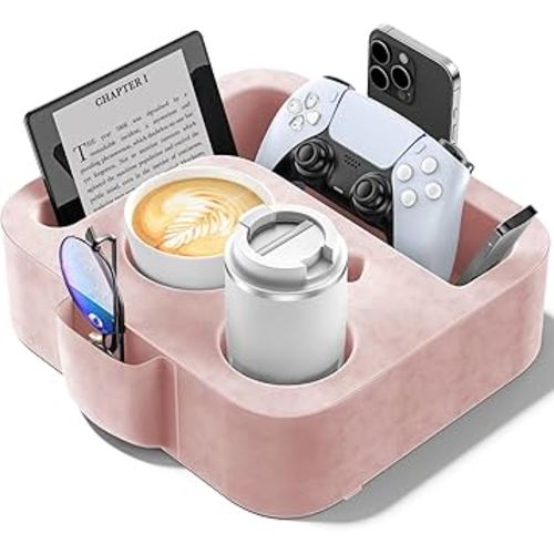 Couch Cup Holder Pillow, Sofa and Bed Caddy for iPad, Kindle, Switch, Game Controller, Remotes, Phones, Small-Sized Cup & Drink Holder for Couch, Bed, Desk, Car, Beach, Bathroom Cup Holder Pink