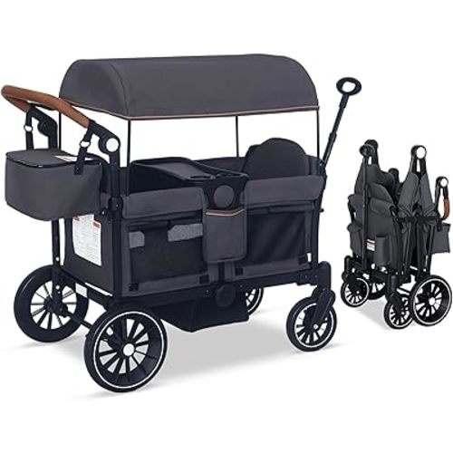 Stroller Wagon for 2 Kids, Push & Pull Kids Cart with Safety Harnesses, Foldable All-Terrain Stroller with Adjustable Handle, Removable Canopy, Snack Tray, Large Storage Bag, Gray
