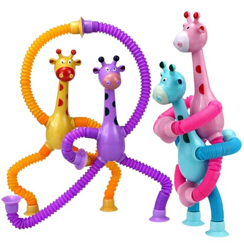 Giraffe Sensory Pop Tubes, 4 Pack Telescopic Suction Cup Giraffe Toy, Toddler Autism Fidget Travel Toys, Gifts for Kids Baby Age 3 4 5 6 7 8 9 Year Old Boys Girls