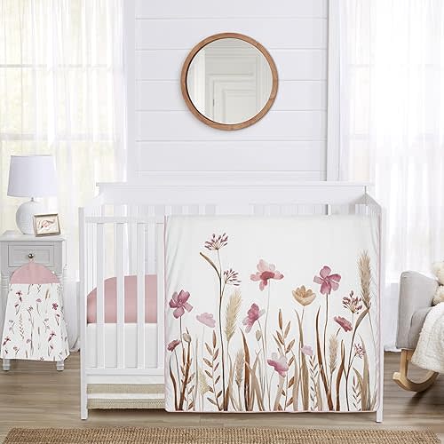 Sweet Jojo Designs 4-Piece Baby Crib Bedding Set (Pink Boho Floral) for Girls, Infants/Nursery incl. Blanket, Fitted Sheet, Skirt, Diaper Stacker (Vintage, Wildflower Garden, Bohemian, Farmhouse)