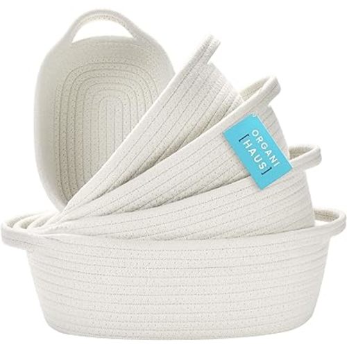 OrganiHaus Set of 5 White Rectangle Storage Baskets for Organizing, Small Woven Bathroom Storage Baskets, Nursery Storage Basket for Organization, Small Organization Baskets, Small Rope Basket