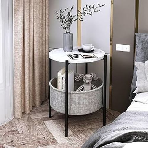 HEYInova Side Table,End Table with Fabric Basket,Bedside Table with Storage and Marble-Look Table-top Bedside Table End Tables Bedroom, Storage Accent Table for Small Spaces 61 * 41cm(Black) : Amazon.com.au: Home