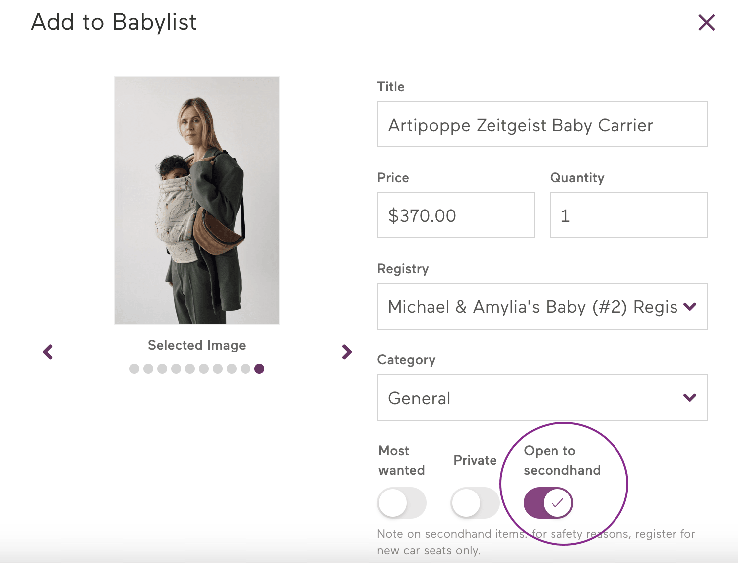 Screenshot of how to mark a registry item as open to secondhand using the add to babylist button.