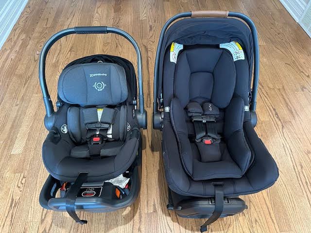 The UPPAbaby Aria (L) vs. the Nuna Pipa Aire Rx (R).