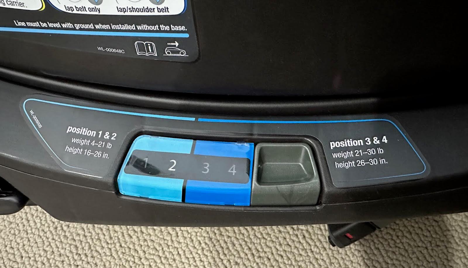 The recline indicator on the base of the Nuna Pipa Aire Rx Infant Car Seat.