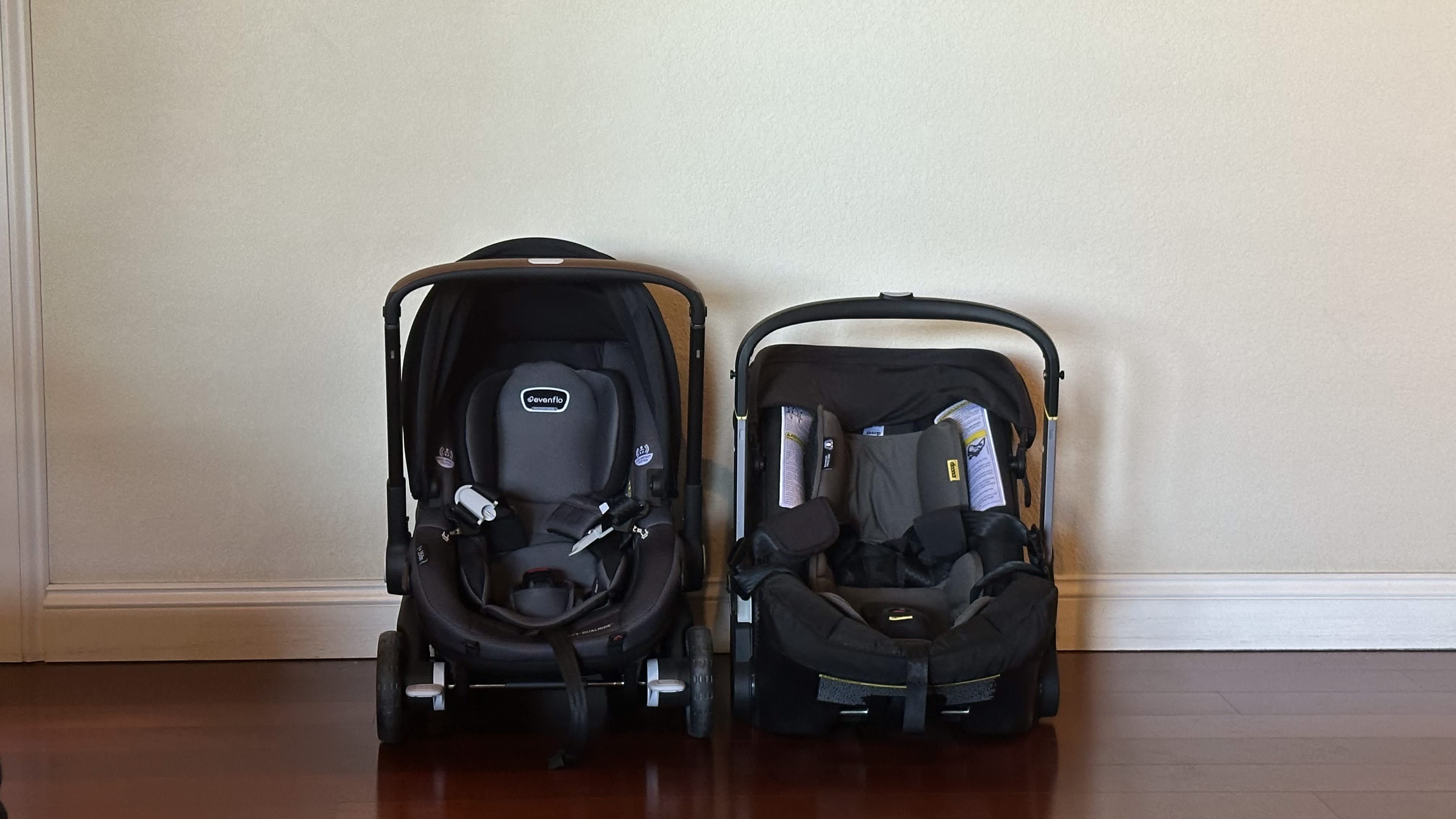 A side-by-side, forward-facing comparison of the Evenflo Shyft DualRide (left) and Doona (right).
