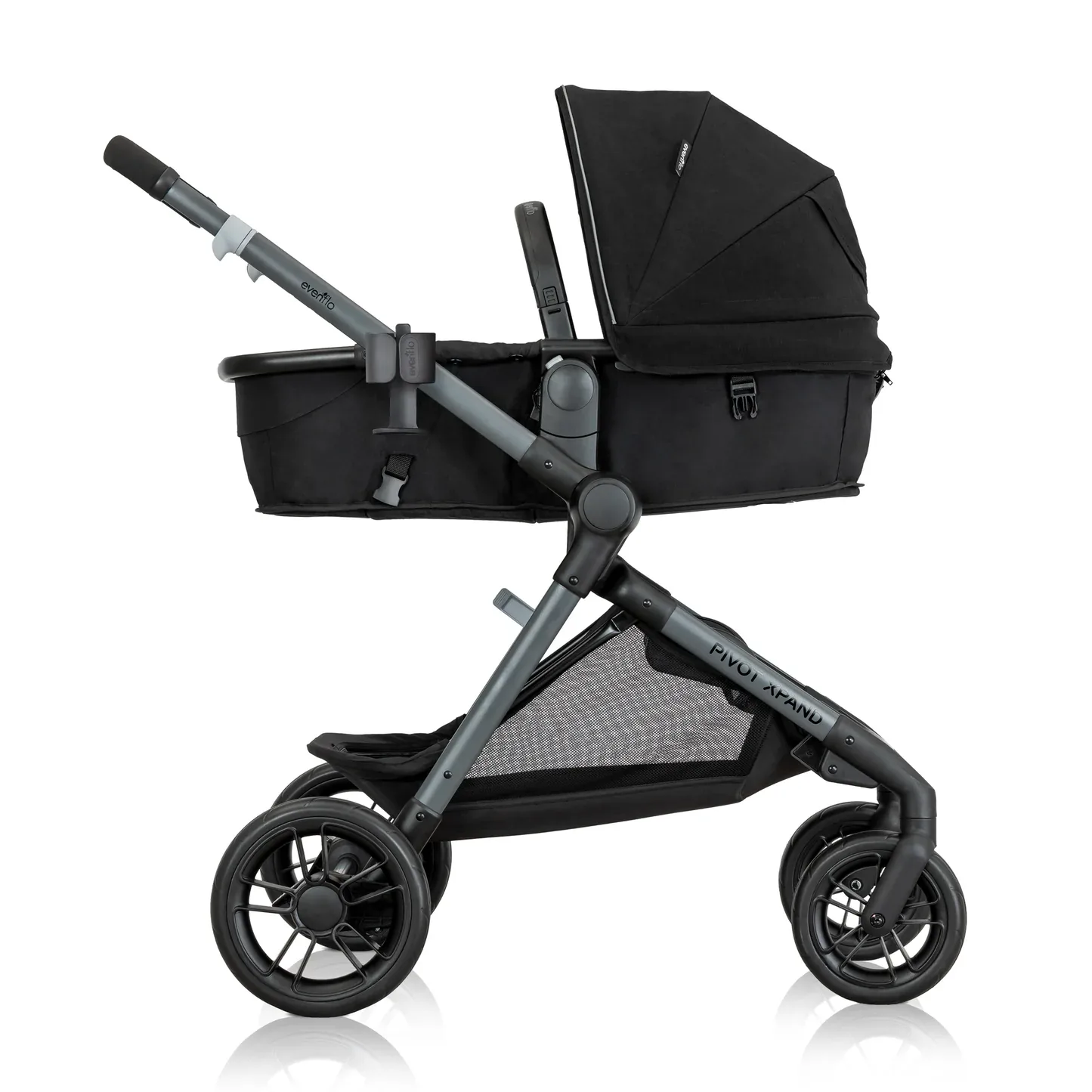 Side view of a black Evenflo Pivot Xpand stroller in bassinet mode.
