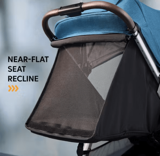A top-down side view of the near-flat seat on a black City Mini GT3 stroller.