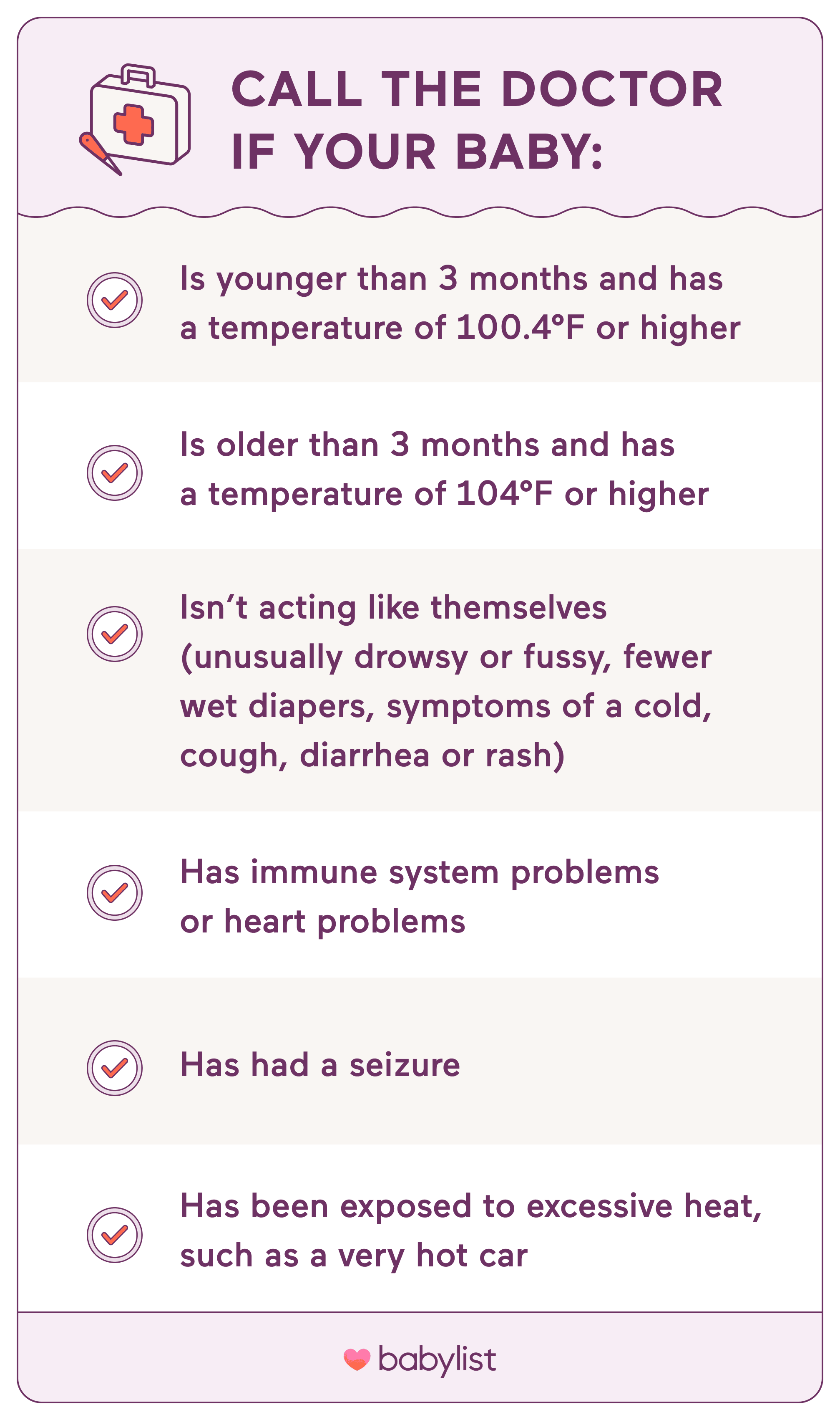 Call the doctor if your baby: has a temperature of 100.4°F under 3 months old, has a temperature of 104°F over 3 months old, is unusually drowsy or fussy, is eating less or has other illnesses, has had a seizure, or has been exposed to excessive heat.