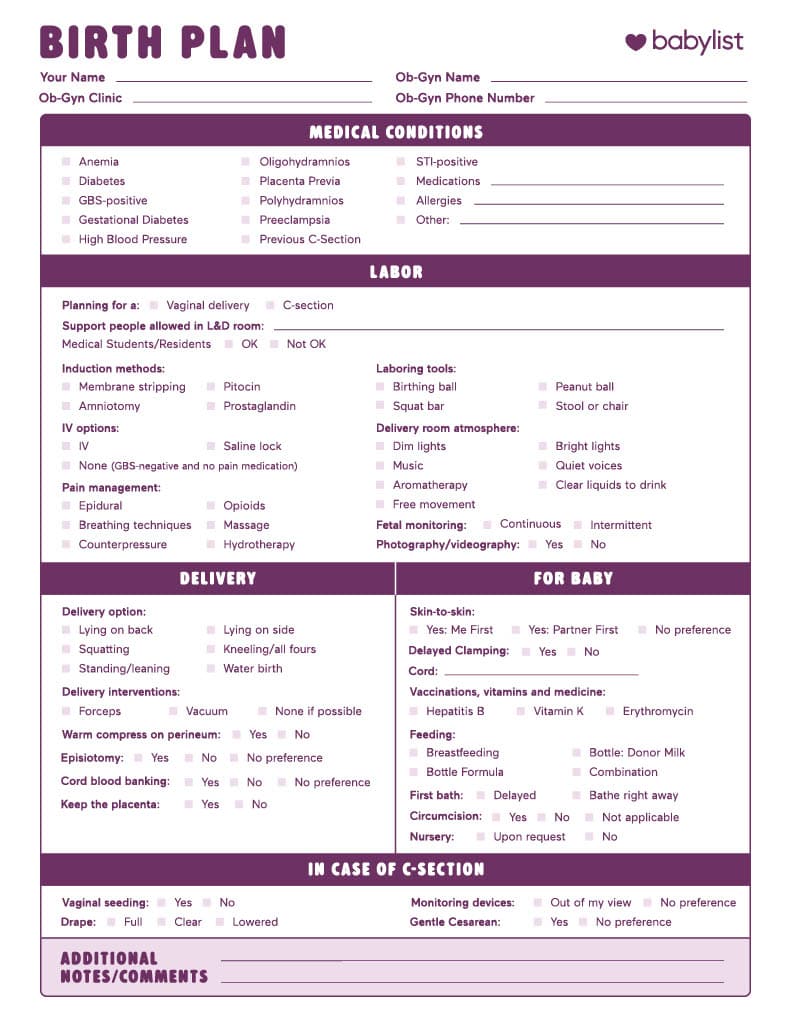 An image of the downloadable birth plan template by Babylist.