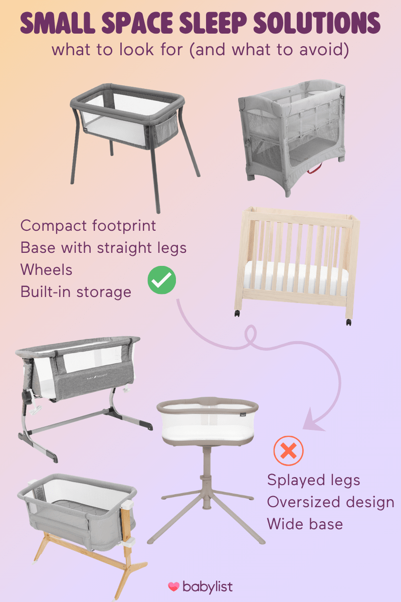 Visual of the features to look for in a small-space-friendly bassinet and what to avoid.