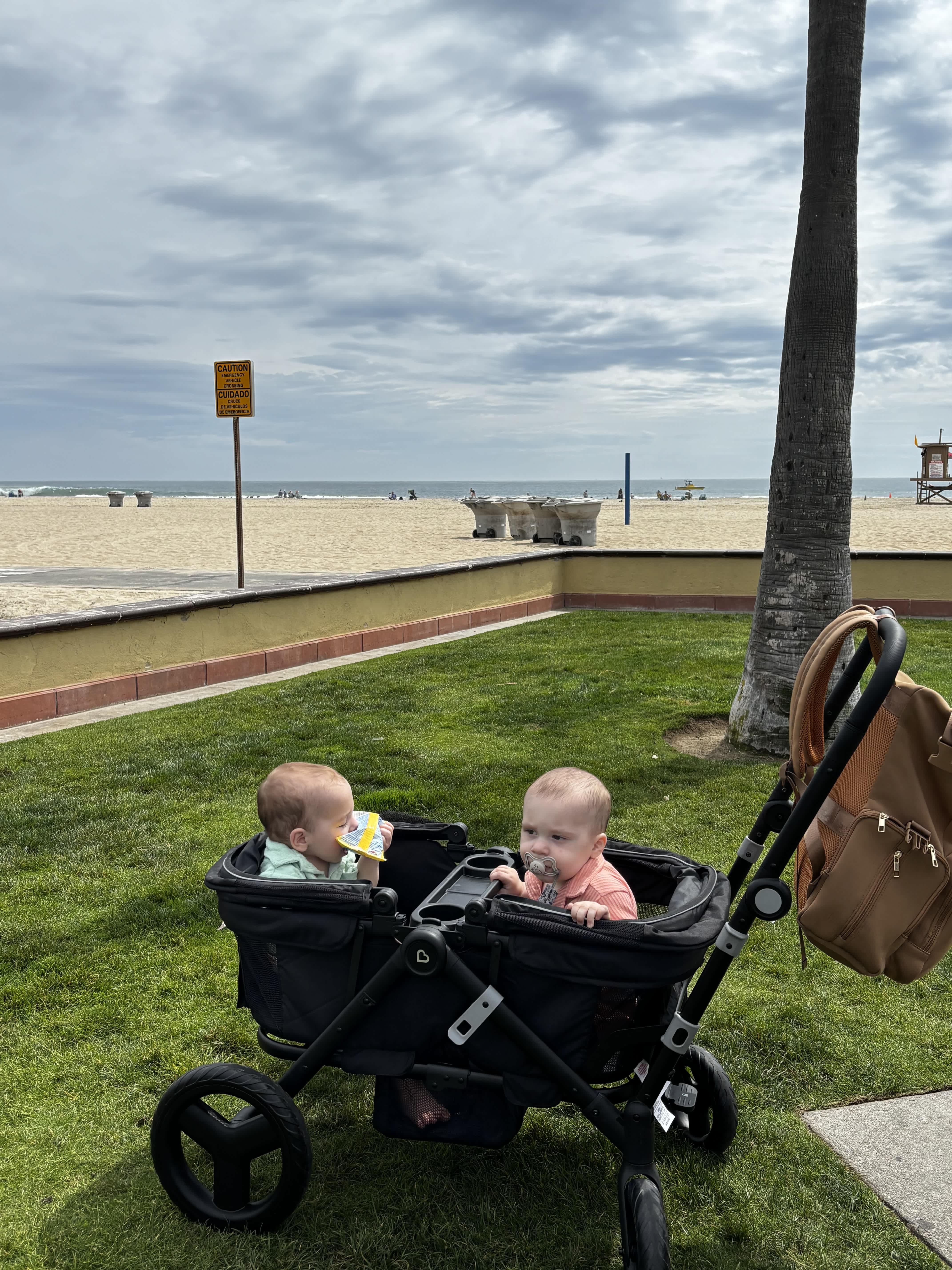 Twins in Munchkin Ultra-Lite Stroller Wagon.