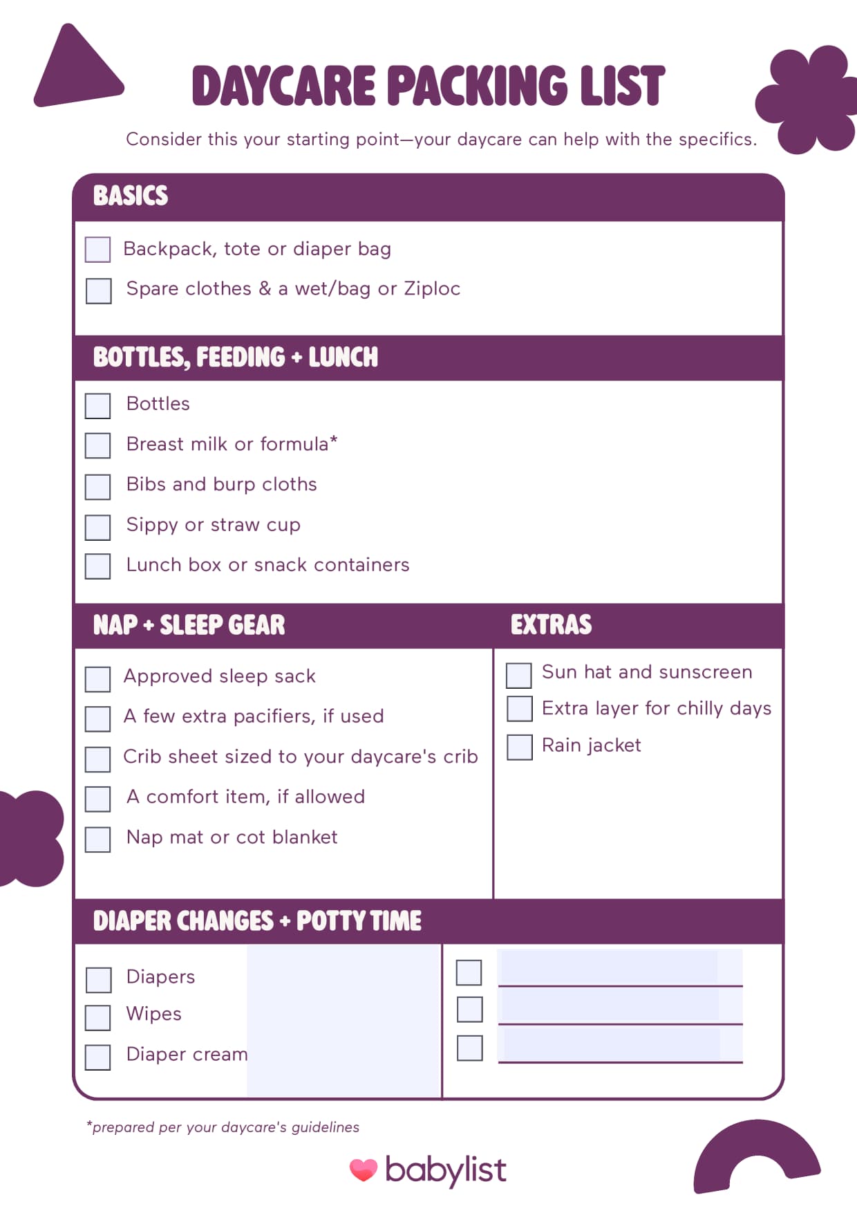 Daycare packing list.