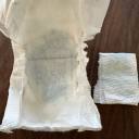 A top view of a Kirkland diaper with blue testing liquid in the center, next to a folded paper towel that's also soaked in blue liquid. thumbnail.