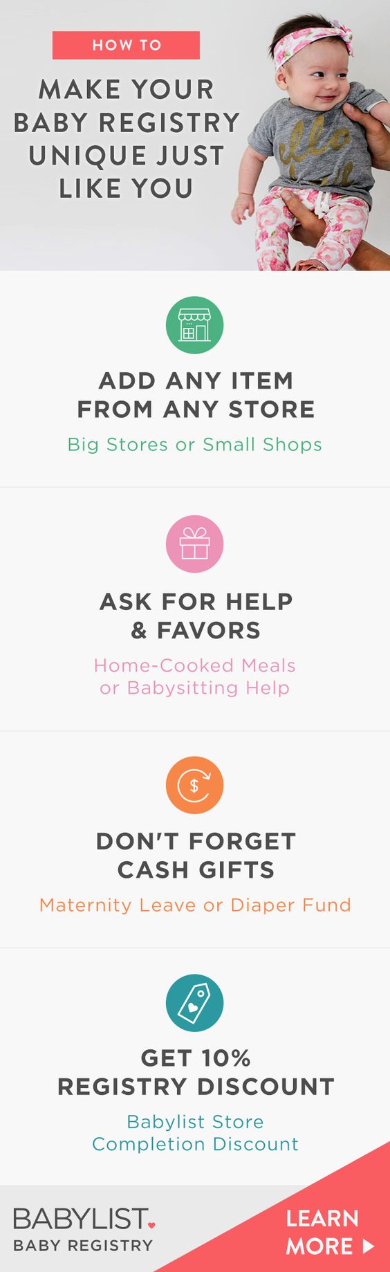 Add anything - like babysitting help, Etsy items, or home cooked meals - to one beautiful baby registry.
