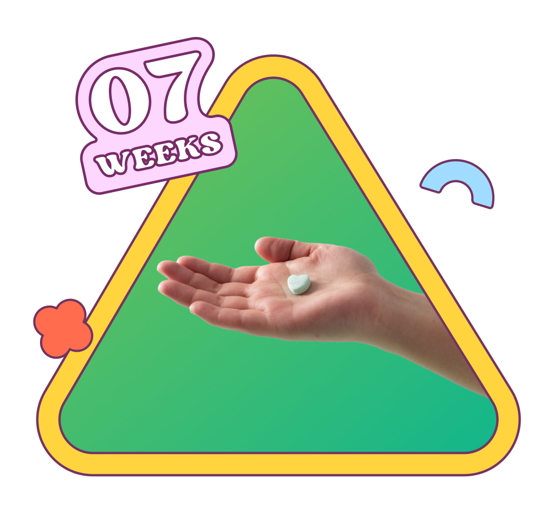 Week 7 — baby is about the size of a Sweethearts candy