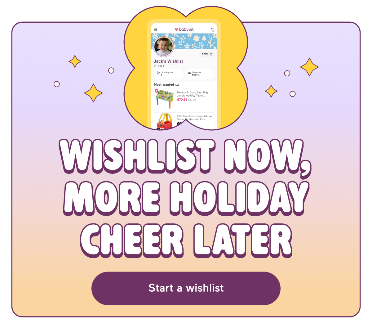 Wishlist now, more holiday cheer later. Start a wishlist